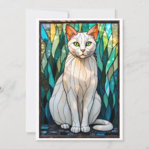 Katedralglasstil Vit Katt med Gröna Ögon Kort