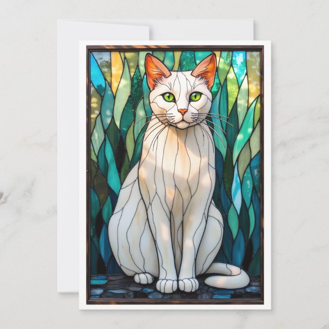 Katedralglasstil Vit Katt med Gröna Ögon Kort (Framsida)