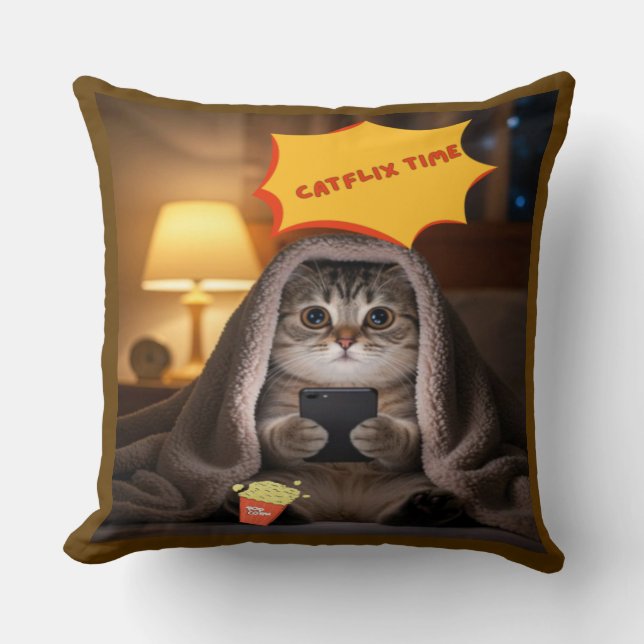 Katflix Time Cute Cat Dekorativ kudde för barn | R (Framsida)