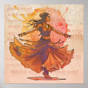 Kathak Spin Bläckpenna Akvarell Indisk Kulturarv K Poster