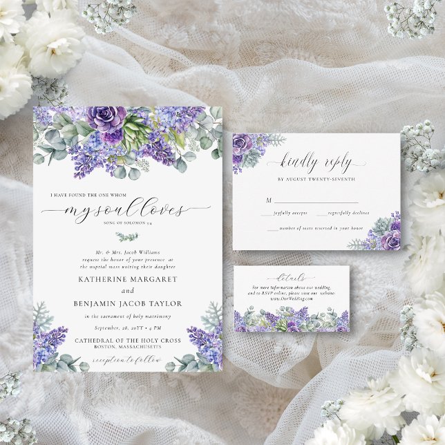 Katherine Traditional Blommigt Catholique Bröllop Inbjudningar (Catholic nuptial mass wedding invitation with purple florals and succulents and eucalyptus greenery)