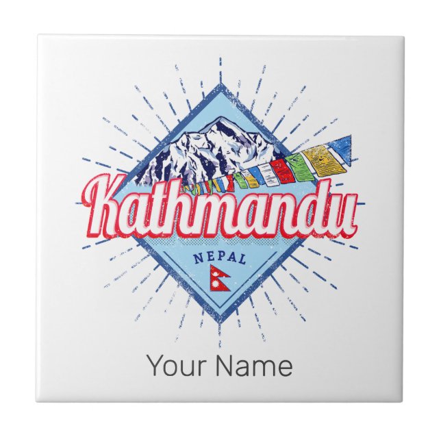 Kathmandu Mountains Nepal Retro Flaggor Souvenir Kakelplatta (Framsidan)