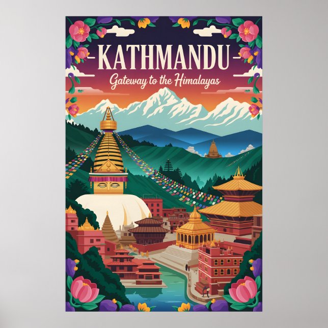 Kathmandu Nepal Retro Resemålning Affisch Konst (Framsidan)