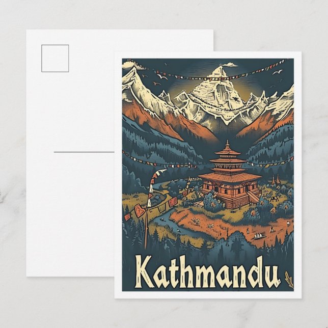 Kathmandu Nepal Vintage Art Travel Illustration Vykort (Fram/baksida)