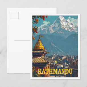 Kathmandu Nepal Vintage Art Travel Illustration Vykort