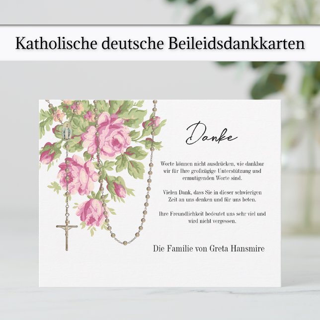 Katholische Rosen Rosenkranz Beileids- und Anteiln Tack Kort (German Funeral Memorial Thank You cards with pink roses and holy rosary)