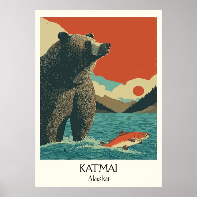 Katmai Alaska Björn Fiske Lax Poster (Framsidan)
