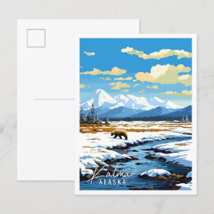 Katmai Alaska USA vintage resor illustration Vykort