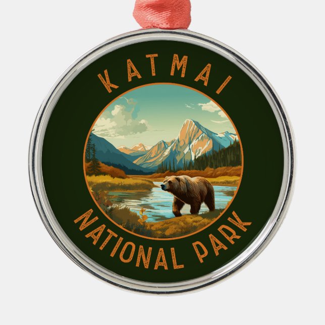 Katmai National Park Bear Retro Distress Circle Julgransprydnad Metall (Framsidan)