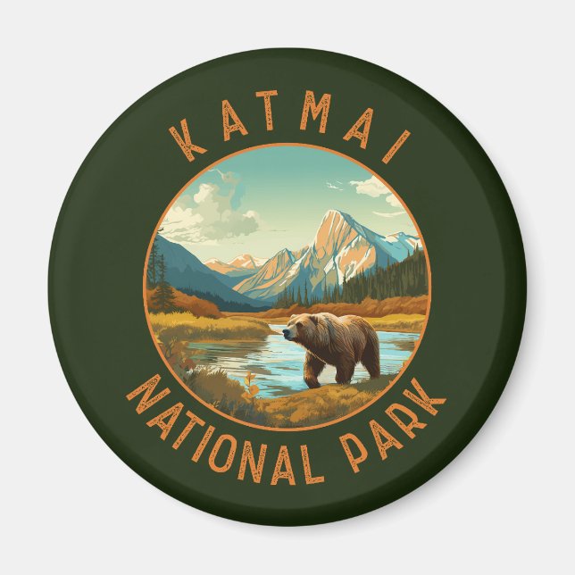 Katmai National Park Bear Retro Distress Circle Magnet (Framsidan)