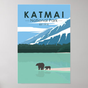 Katmai National Park Grizzly Bears Vintage Poster