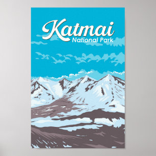 Katmai National Park Illustration Travel Art Retro Poster
