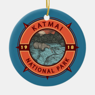 Katmai nationalpark Grizzly Bear Retro Compass Julgransprydnad Keramik
