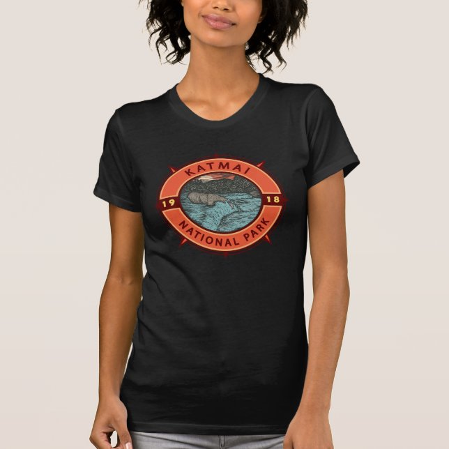 Katmai nationalpark Grizzly Bear Retro Compass T Shirt (Framsida)