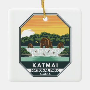 Katmai nationalpark Grizzly Bears Retro Emblem Julgransprydnad Keramik