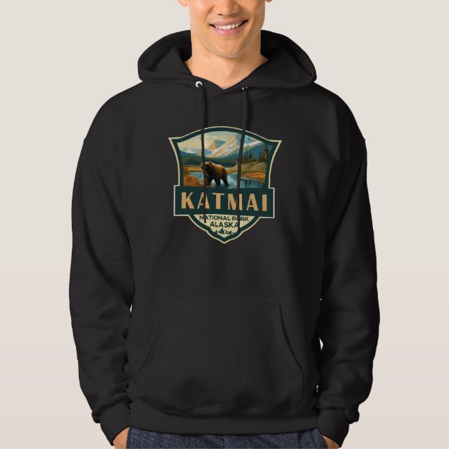 Katmai nationalpark Illustration Retro Badge Hoodie (Framsida)