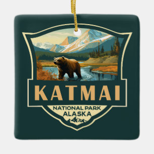 Katmai nationalpark Illustration Retro Badge Julgransprydnad Keramik