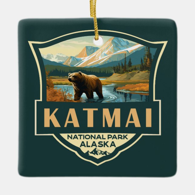 Katmai nationalpark Illustration Retro Badge Julgransprydnad Keramik (Framsida)