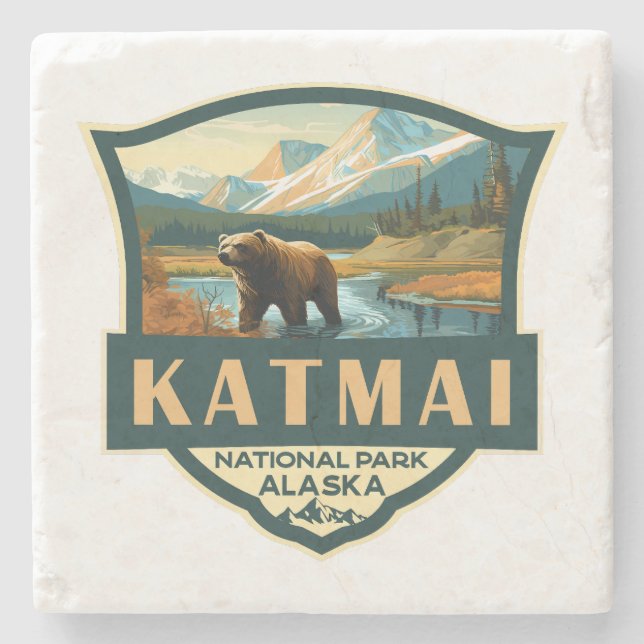 Katmai nationalpark Illustration Retro Badge Stenunderlägg (Framsidan)