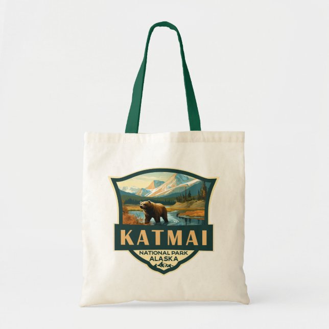 Katmai nationalpark Illustration Retro Badge Tygkasse (Framsidan)