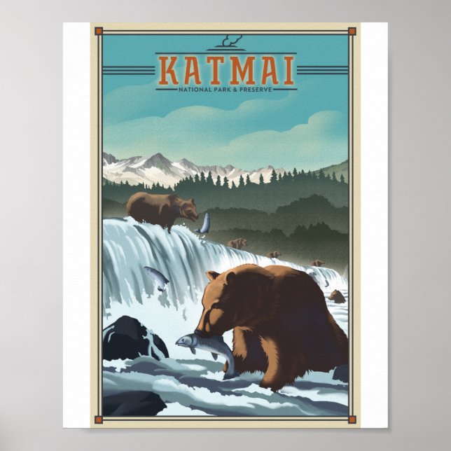 Katmai nationalpark Litho Artwork Poster (Framsidan)