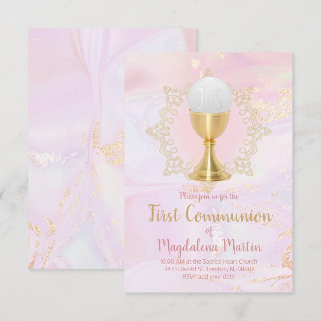 katolisk flicka första kommunala rosa marmor inbjudningar (Fram/baksida)
