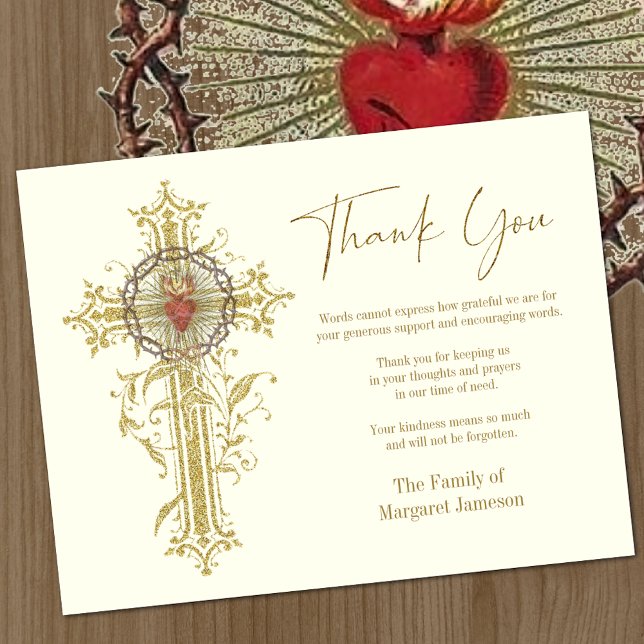 Katolisk Helig Heart Jesus begravningssympati Tack Kort (Gold Cross with Sacred Heart of Jesus Overlay Funeral Thank you Card )