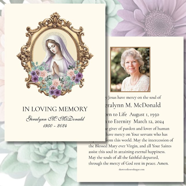 Katolisk Mor Mary Blommigt Funeral Prayer Card Visitkort (Skapare uppladdad)