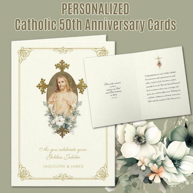 Katolsk 50-års bröllopsjubileum Jesus Kort (Traditional Catholic Sacred Heart of Jesus Golden 50th Wedding Anniversary Card)