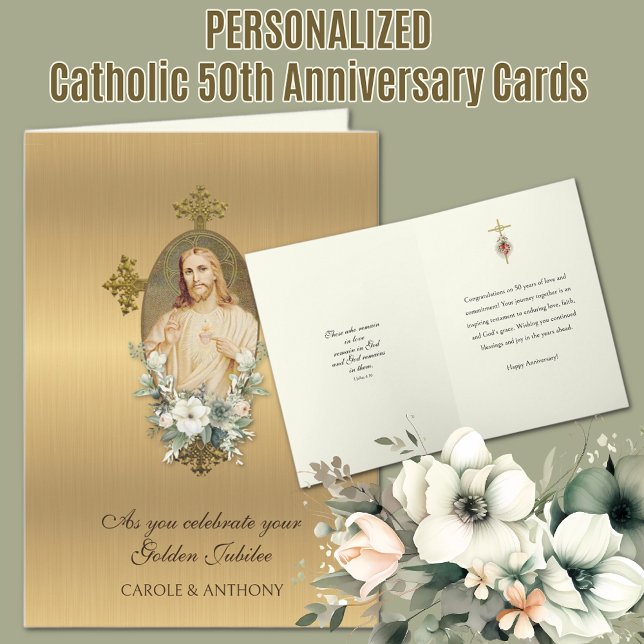 Katolsk 50-års bröllopsjubileum Jesus Kort (Traditional Catholic Golden Jubilee 50th Anniversary Card - Sacred Heart of Jesus)