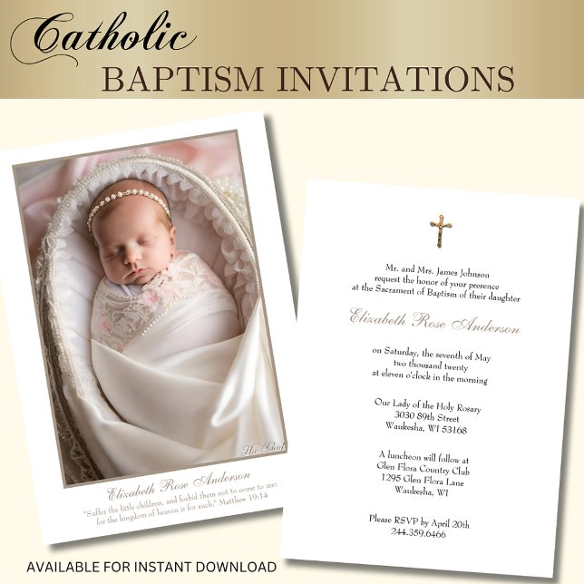 Katolsk baptism Baby Photo Scripture Kor Inbjudningar (Traditional Catholic Baby Baptism Invitations with photo - Gold Crucifix and Scripture Verse)