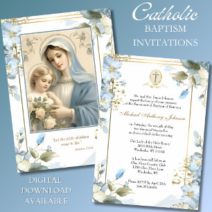 Katolsk baptism: Christening Mary Jesus Blue Inbjudningar