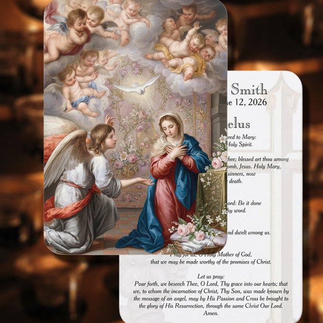 Katolsk Bebådelse Maria Angelus Bönkort Visitkort (Bring peace and comfort to family and friends with this elegant Catholic angel memorial prayer card)
