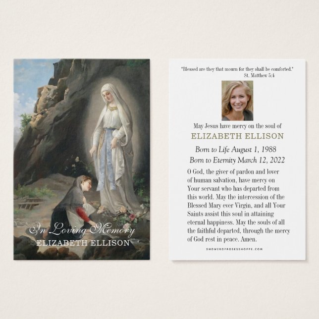 Katolsk begravning Memorial Lourdes St. Bernadette Visitkort (Framsida & baksida)