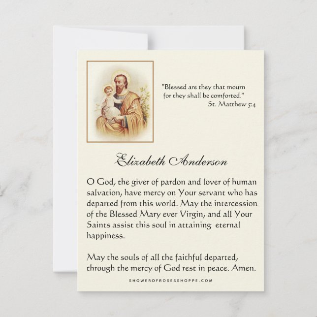 Katolsk begravning St. Joseph Religiösa Prayer Meddelande (Baksida)