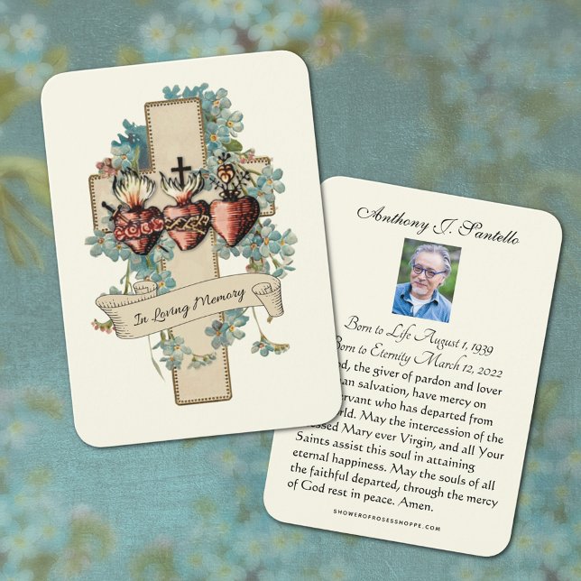 Katolsk Begravningsminnesbön Hel Kort (Traditional Catholic Three Hearts of Jesus, Mary, & Joseph Funeral prayer cards)
