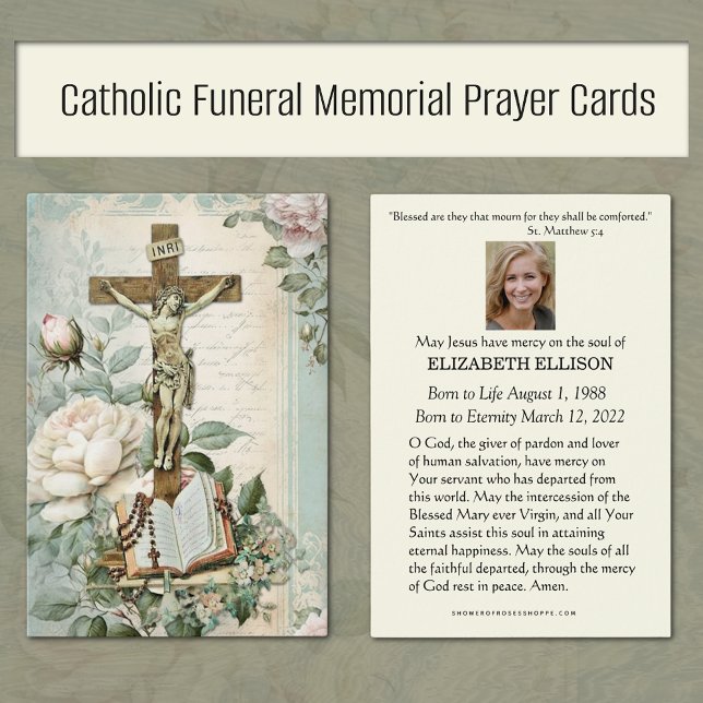 Katolsk begravningsminneskort med skripturell bön visitkort (Vintage Catholic Funeral Memorial Prayer Cards with Crucified and Roses)