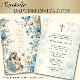 Katolsk Blommigt Baptism Christening Baby Scriptur Inbjudningar