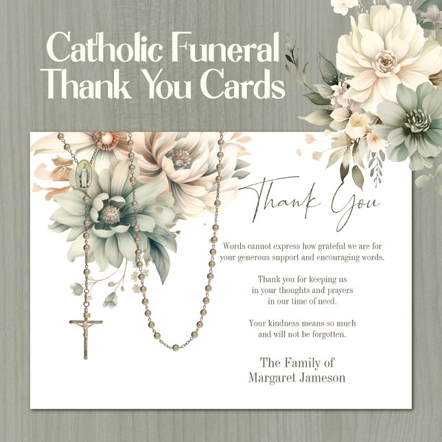 Katolsk Blommigt Rosary Funeral Condolence Sympath Tack Kort (Traditional Catholic Funeral Memorial Thank You Cards)