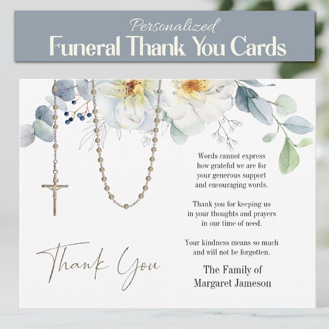 Katolsk Blommigt Rosary Funeral Condolence Sympath Tack Kort (Traditional Catholic Holy Rosary Floral Funeral Thank you Condolence Cards)