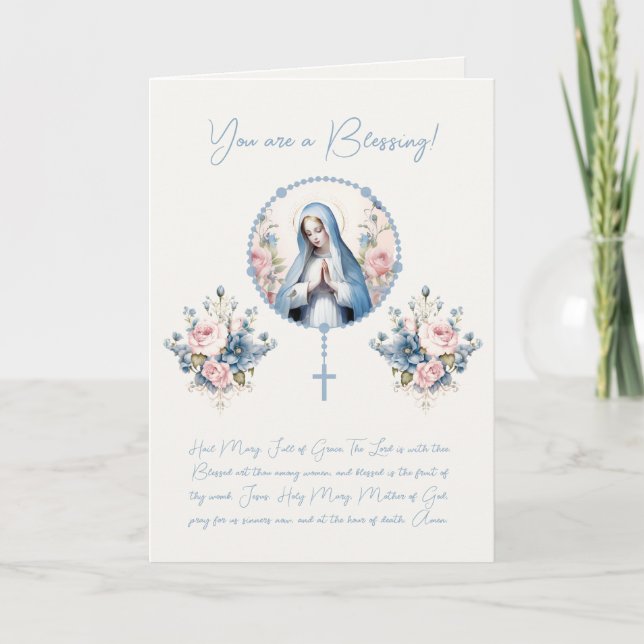 Katolsk blomsterlig Virgin Maria Rosenkrans Bibelv Tack Kort (Framsida)