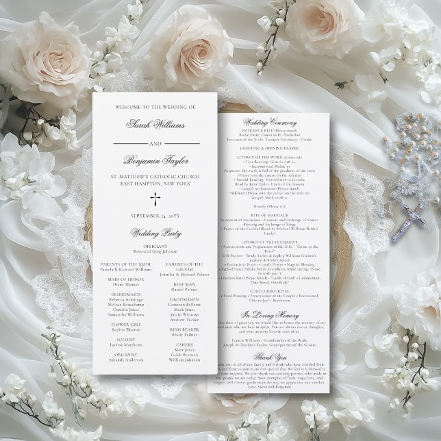 Katolsk bröllopsceremoni Program Full Mässa Sarah (This elegant wedding program features a classic script font and all your nuptial Mass details.)