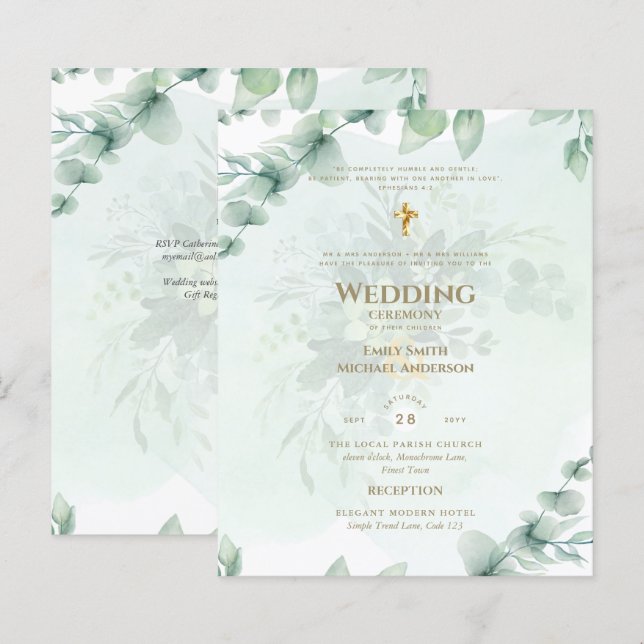 Katolsk bröllopsinbjudan Greenery Botanical (Fram/baksida)