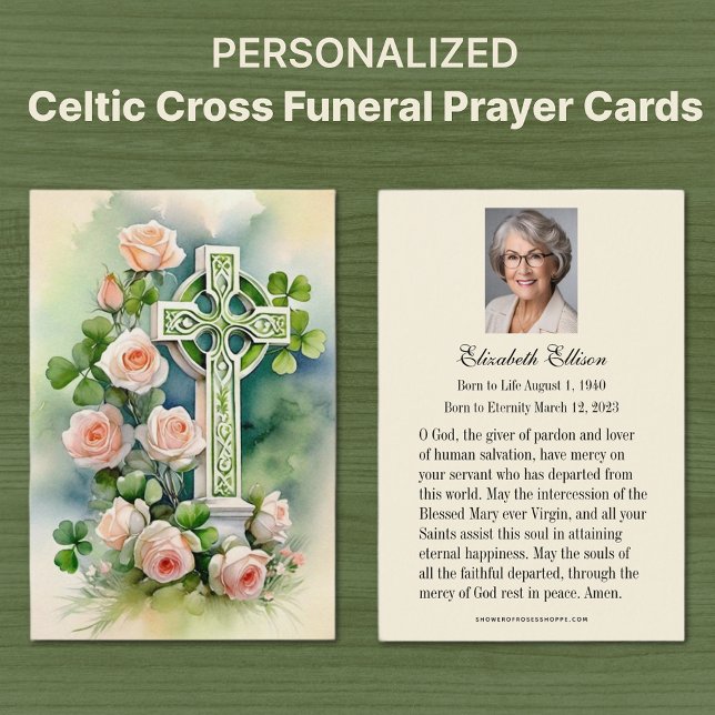 Katolsk celtic Kor Funeral Memorial Prayer Visitkort (Irish Celtic Cross with Peach Roses Catholic Funeral Memorial Prayer Cards)