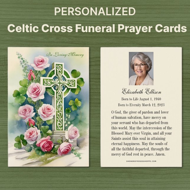Katolsk celtic Kor Funeral Memorial Prayer Visitkort (Irish Catholic Celtic Cross with pink roses funeral memorial prayer cards)