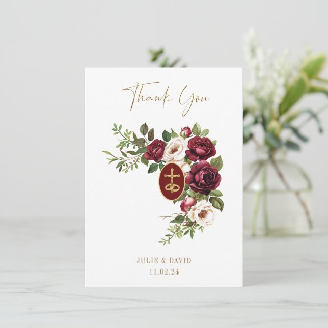 Katolsk Claret Blommigt Guld Crucifix Bröllop Tack Kort (Stående Fram)