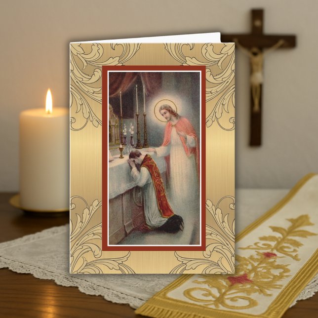 Katolsk crucifix för prästårsdagprästvigning kort (Skapare uppladdad)