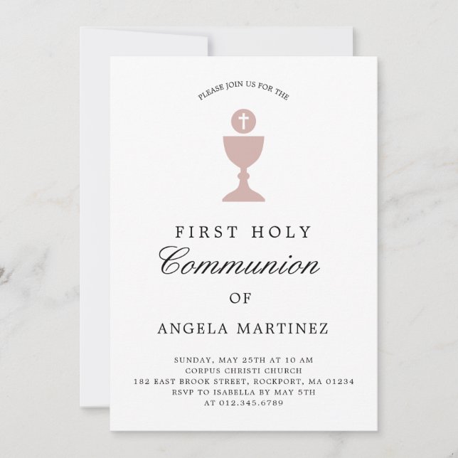 Katolsk First Communion Dusty Rosa White Inbjudningar (Framsida)
