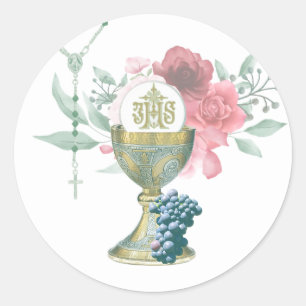 Katolsk First Heliga Communion Blommigt Rosary Runt Klistermärke