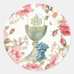 Katolsk First Heliga Communion rosa ros Runt Klistermärke